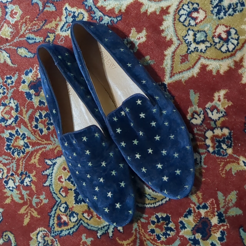 J Crew Star Embroidered Velvet Flats Loafers Blue